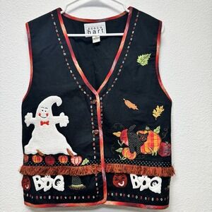 Keren Hart Button Vest Hallloween Ghost Black Cat BOO Orange Pumpkin Large